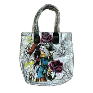 NEW 90's Christian Audigier Vintage Crinkle Silver Graphic Tote‎ Bag Geisha